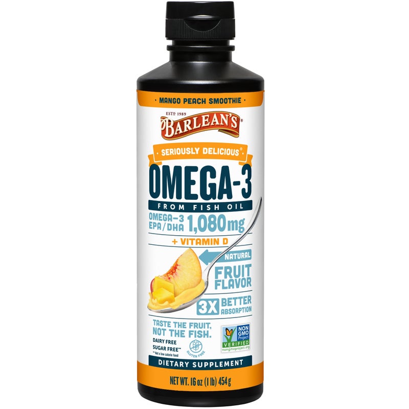 Barleans Omega 3 Fish Oil Liquid Supplement with Vitamin D for Men and Women Mango Peach 1080mg EPA and DHA Fatty Acid 16 oz